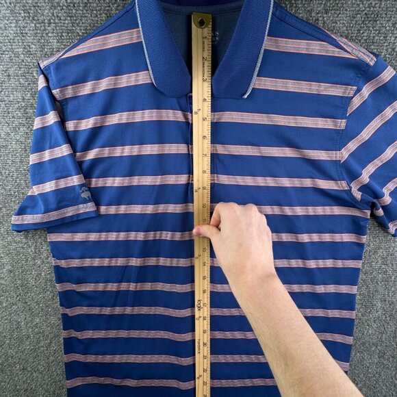 Brooks Brothers Polo Shirt Mens Large Blue Orange Striped Short Sleeve Polyester - Picture 2 of 8